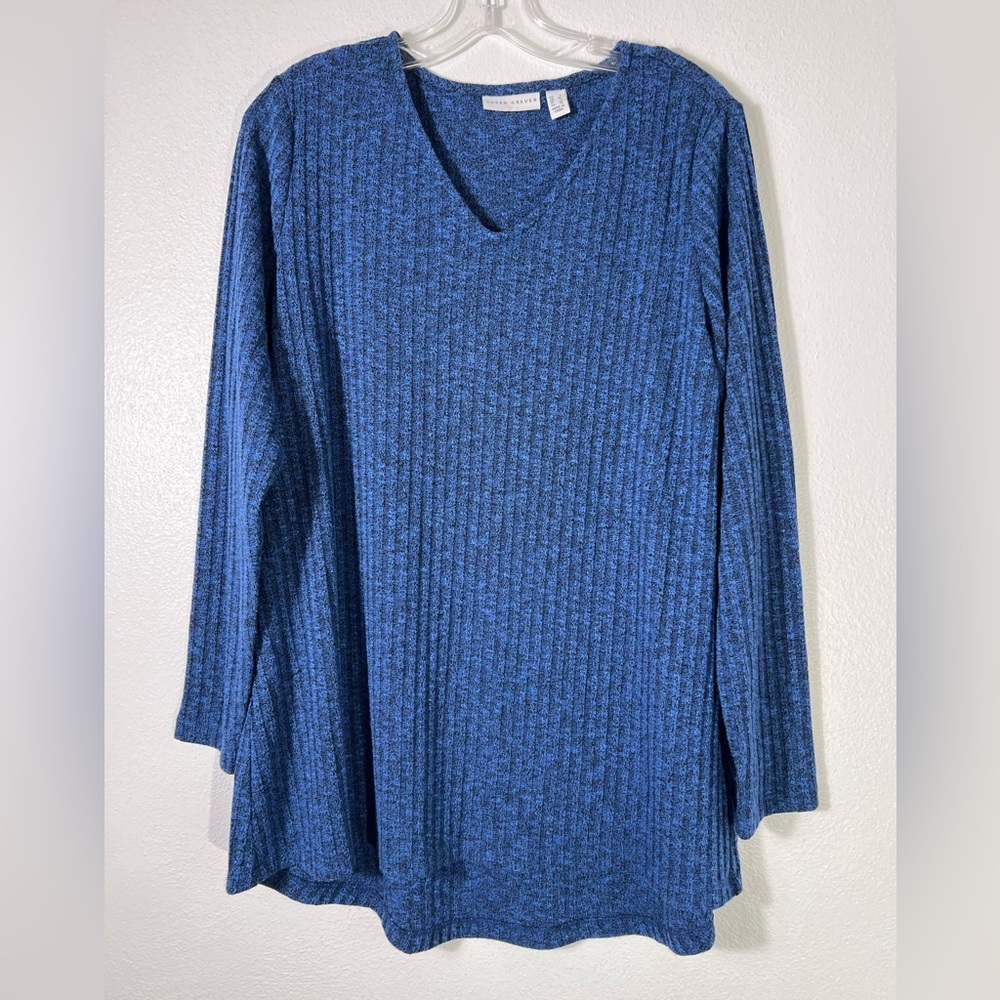 Susan Graver A367767 Ribbed Long Sleeve Sweater Knit Tunic Hi-Low Hem Blue Large